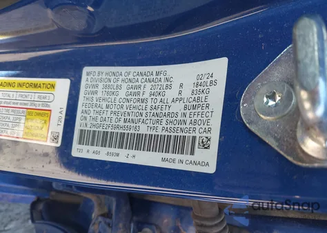 2024 Honda Civic Sport z USA, uszkodzony, nr VIN 2HGFE2F59RH559163